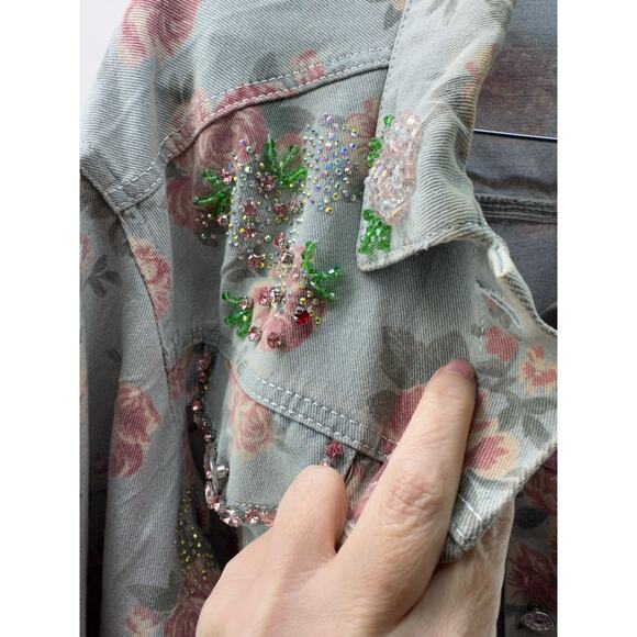Women's Custom Bling embelished and floral denim oversized jacket XL - Picture 8 of 15
